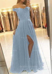 Formal Dresses For Teen, A-line/Princess Off-the-Shoulder Sleeveless Long/Floor-Length Chiffon Prom Dress With Beading Split