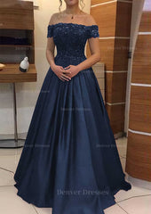 Homecoming Dress Sweetheart, A-line/Princess Off-the-Shoulder Sleeveless Long/Floor-Length Elastic Satin Prom Dress With Lace Pleated