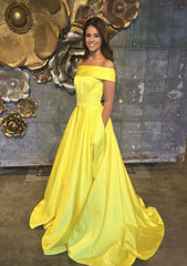 Bridesmaids Dress Online, A-line/Princess Off-the-Shoulder Sleeveless Sweep Train Satin Prom Dress With Low Back