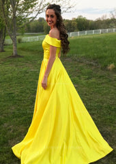 Bridesmaid Dress Shops Near Me, A-line/Princess Off-the-Shoulder Sleeveless Sweep Train Satin Prom Dress With Low Back