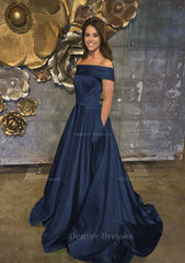 Bridesmaid Dresses Quick Shipping, A-line/Princess Off-the-Shoulder Sleeveless Sweep Train Satin Prom Dress With Low Back