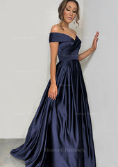 Homecoming Dress Inspo, A-line/Princess Off-the-Shoulder Sleeveless Sweep Train Satin Prom Dress With Pleated