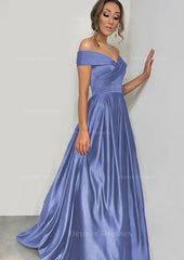 Homecoming Dresses For Girls, A-line/Princess Off-the-Shoulder Sleeveless Sweep Train Satin Prom Dress With Pleated