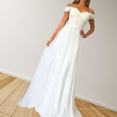 Prom Dresses Long Elegant, A-Line/Princess Off-the-Shoulder Sweep Train Chiffon Prom Dresses With Appliques Lace