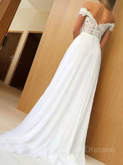 Prom Dress Long Elegent, A-Line/Princess Off-the-Shoulder Sweep Train Chiffon Prom Dresses With Appliques Lace
