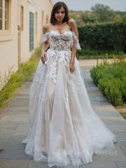 Wedding Dress Girl, A-Line/Princess Off-the-Shoulder Sweep Train Lace Wedding Dresses