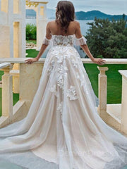 Wedding Dresses Girl, A-Line/Princess Off-the-Shoulder Sweep Train Lace Wedding Dresses
