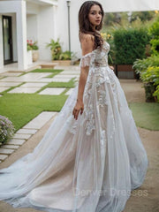 Wedding Dress Strap, A-Line/Princess Off-the-Shoulder Sweep Train Lace Wedding Dresses