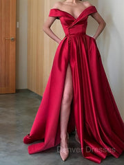 Prom Dress Gown, A-Line/Princess Off-the-Shoulder Sweep Train Satin Prom Dresses With Leg Slit