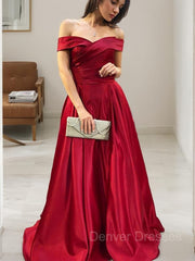 Prom Dress Outfit, A-Line/Princess Off-the-Shoulder Sweep Train Satin Prom Dresses With Ruffles