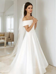 Wedding Dress Dress, A-Line/Princess Off-the-Shoulder Sweep Train Satin Wedding Dresses