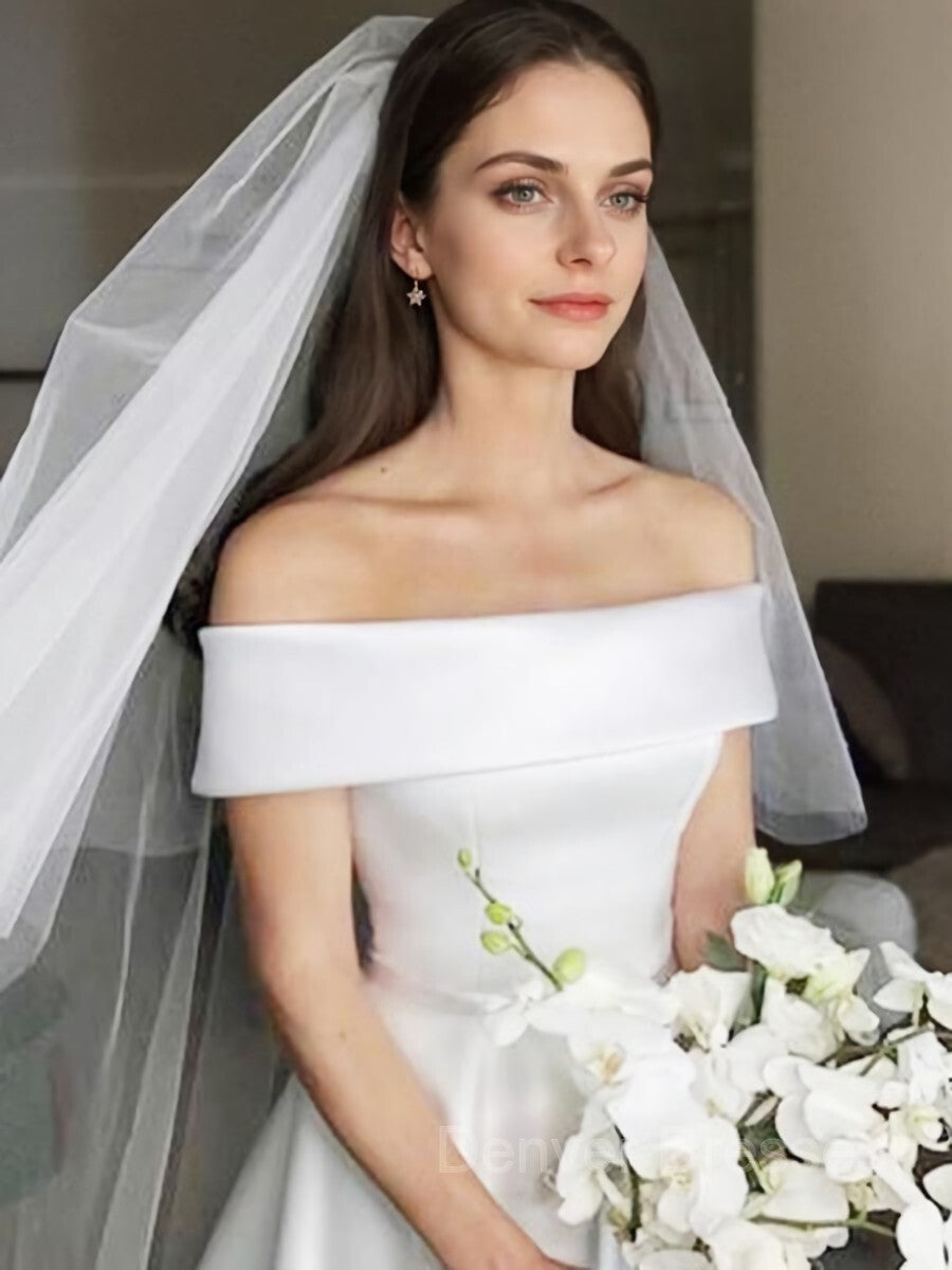 Wedding Dress On A Budget, A-Line/Princess Off-the-Shoulder Sweep Train Satin Wedding Dresses