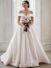 Weddings Dresses Lace Sleeves, A-Line/Princess Off-the-Shoulder Sweep Train Satin Wedding Dresses