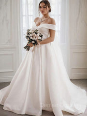 Wedding Dresses Lace Sleeve, A-Line/Princess Off-the-Shoulder Sweep Train Satin Wedding Dresses