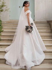 Wedding Dress Fabrics, A-Line/Princess Off-the-Shoulder Sweep Train Satin Wedding Dresses