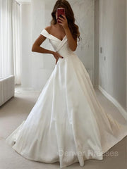 Wedding Dress With Sleeves, A-Line/Princess Off-the-Shoulder Sweep Train Satin Wedding Dresses