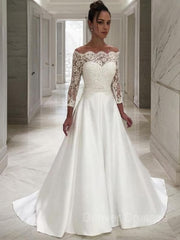 Wedding Dress Shopping, A-Line/Princess Off-the-Shoulder Sweep Train Satin Wedding Dresses With Belt/Sash