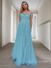 Formal Dresses Off The Shoulder, A-Line/Princess Off-the-Shoulder Sweep Train Tulle Prom Dresses With Appliques Lace