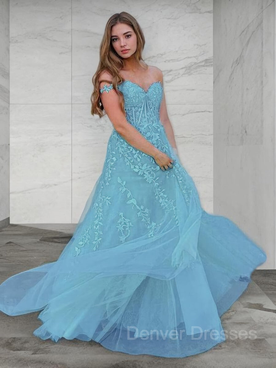 Formal Dresses Corset, A-Line/Princess Off-the-Shoulder Sweep Train Tulle Prom Dresses With Appliques Lace