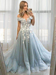 Semi Formal, A-Line/Princess Off-the-Shoulder Sweep Train Tulle Prom Dresses With Appliques Lace