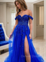 Formal Dresses For Winter Wedding, A-Line/Princess Off-the-Shoulder Sweep Train Tulle Prom Dresses With Leg Slit
