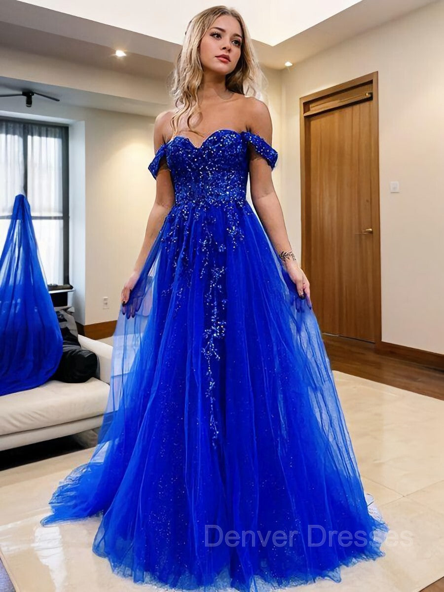 Formal Dresses For Fall Wedding, A-Line/Princess Off-the-Shoulder Sweep Train Tulle Prom Dresses With Leg Slit