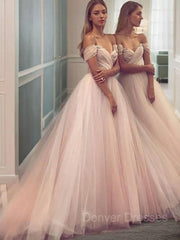 Evening Dress Princess, A-Line/Princess Off-the-Shoulder Sweep Train Tulle Prom Dresses With Ruffles