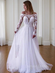 Wedding Dresses Sleeve Lace, A-Line/Princess Off-the-Shoulder Sweep Train Tulle Wedding Dresses