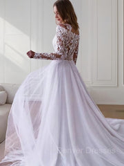 Wedding Dresses Sleeves Lace, A-Line/Princess Off-the-Shoulder Sweep Train Tulle Wedding Dresses