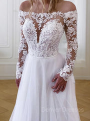 Wedding Dress Sleeve Lace, A-Line/Princess Off-the-Shoulder Sweep Train Tulle Wedding Dresses