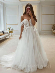 Wedding Dresses Design, A-Line/Princess Off-the-Shoulder Sweep Train Tulle Wedding Dresses