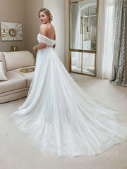 Wedding Dresses Designer, A-Line/Princess Off-the-Shoulder Sweep Train Tulle Wedding Dresses