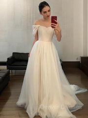 Wedding Dresses With Straps, A-Line/Princess Off-the-Shoulder Sweep Train Tulle Wedding Dresses