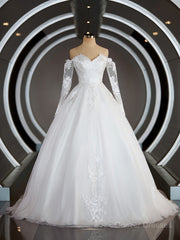Wedding Dresses Trend, A-Line/Princess Off-the-Shoulder Sweep Train Tulle Wedding Dresses with Appliques Lace