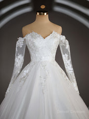 Wedding Dresses Trends, A-Line/Princess Off-the-Shoulder Sweep Train Tulle Wedding Dresses with Appliques Lace