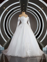Wedding Dresses Trending, A-Line/Princess Off-the-Shoulder Sweep Train Tulle Wedding Dresses with Appliques Lace