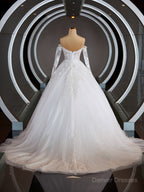 Wedsing Dress Shopping, A-Line/Princess Off-the-Shoulder Sweep Train Tulle Wedding Dresses with Appliques Lace