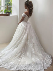 Wedding Dress Ball Gown, A-Line/Princess Off-the-Shoulder Sweep Train Tulle Wedding Dresses With Appliques Lace