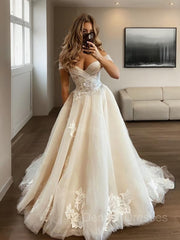 Wedding Dresses Short, A-Line/Princess Off-the-Shoulder Sweep Train Tulle Wedding Dresses With Appliques Lace