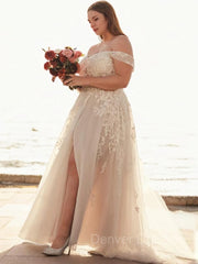 Wedding Dress Aesthetic, A-Line/Princess Off-the-Shoulder Sweep Train Tulle Wedding Dresses With Leg Slit