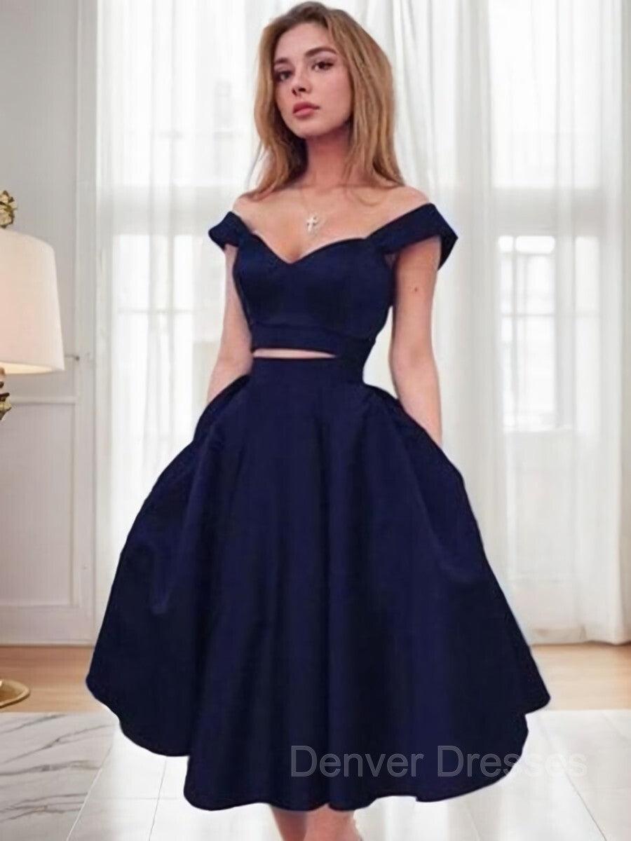 Party Dresses Night, A-Line/Princess Off-the-Shoulder Tea-Length Satin Homecoming Dresses