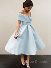 Party Dress For Cocktail, A-Line/Princess Off-the-Shoulder Tea-Length Satin Homecoming Dresses With Ruffles