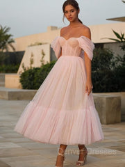 Evening Dresses Australia, A-Line/Princess Off-the-Shoulder Tea-Length Tulle Homecoming Dresses With Ruffles