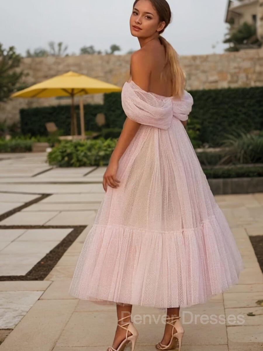 Evening Dresses Green, A-Line/Princess Off-the-Shoulder Tea-Length Tulle Homecoming Dresses With Ruffles