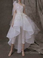 Wedding Dresses Price, A-Line/Princess One-Shoulder Asymmetrical Tulle Wedding Dresses With Appliques Lace