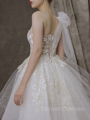 Wedding Dresses Prices, A-Line/Princess One-Shoulder Asymmetrical Tulle Wedding Dresses With Appliques Lace