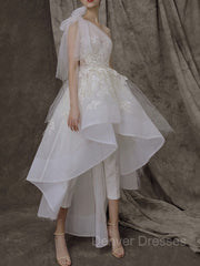 Wedding Dress Price, A-Line/Princess One-Shoulder Asymmetrical Tulle Wedding Dresses With Appliques Lace