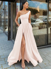 Party Dress Wedding, A-Line/Princess One-Shoulder Floor-Length Satin Prom Dresses With Leg Slit