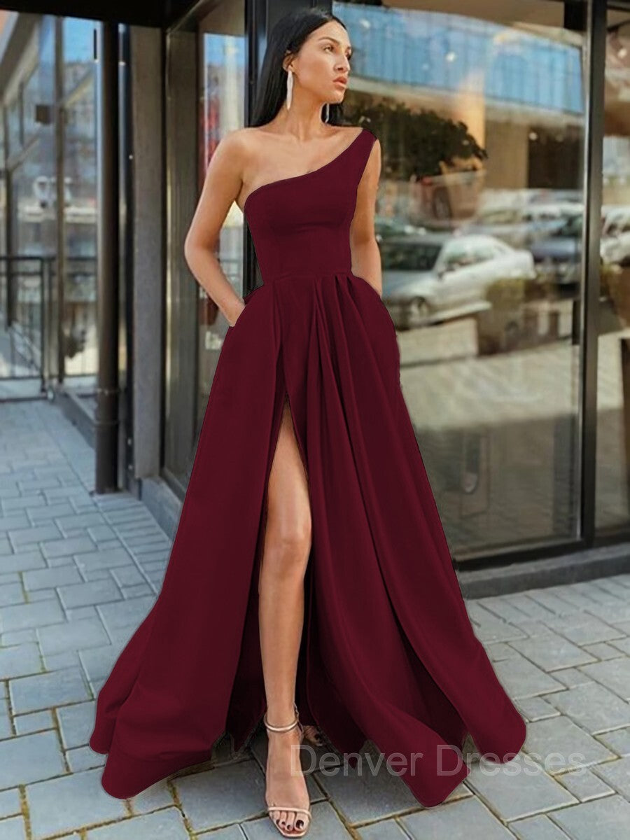 Party Dress Night, A-Line/Princess One-Shoulder Floor-Length Satin Prom Dresses With Leg Slit