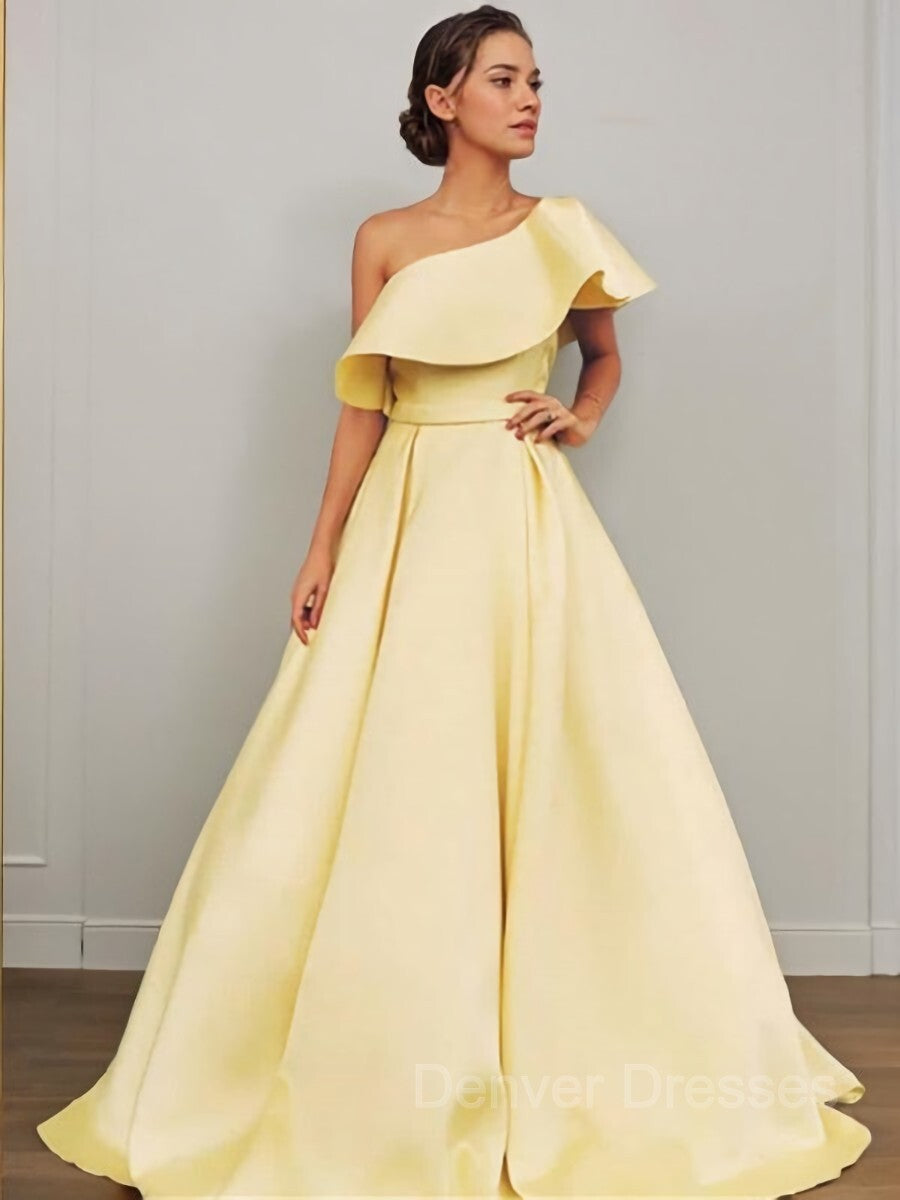 Bridesmaid Dresses Chicago, A-Line/Princess One-Shoulder Floor-Length Satin Prom Dresses With Ruffles